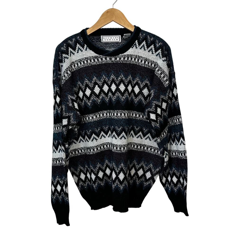 Michael Gerald Vintage Sweater Mens Large Geometric Grandpa Pullover 90s Nordic